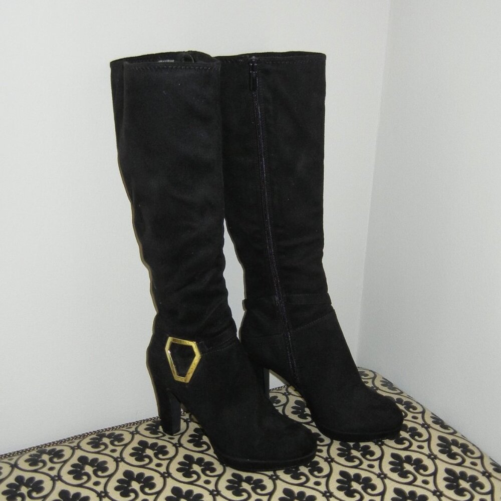 Impo Stretch Black Faux Suede Tall Boots with Gold Buckle, Size 6